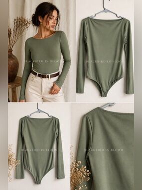 Nine West Sage Green Long Sleeve Thong Bodysuit Small Stretch Minimalist